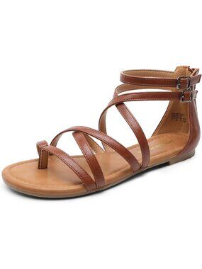 Women's Gladiator Sandals Strappy Brown Flat Sandals Back Zipper Thong Sandals
